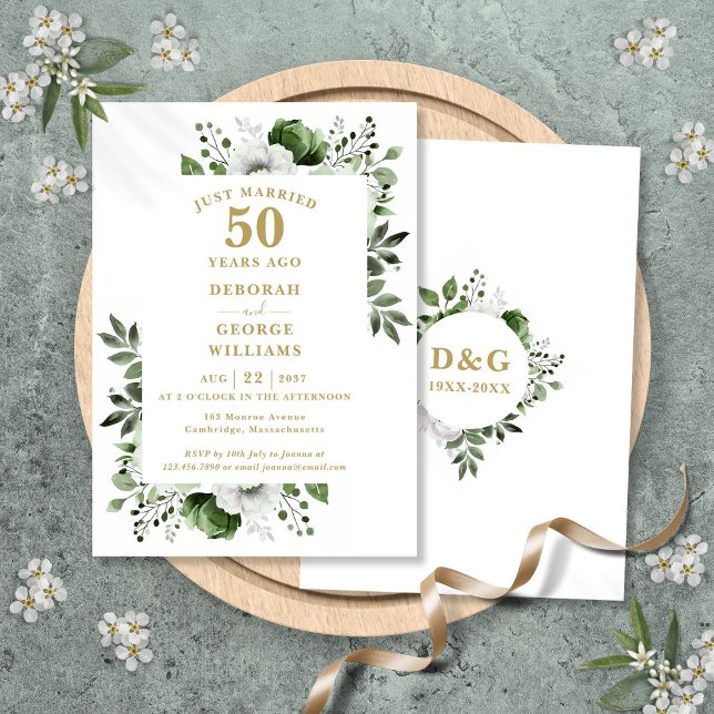 Convite Monograma Floral do 50º Aniversário do Casamento D (Gold 50th Wedding Anniversary Monogram Floral Invitation)