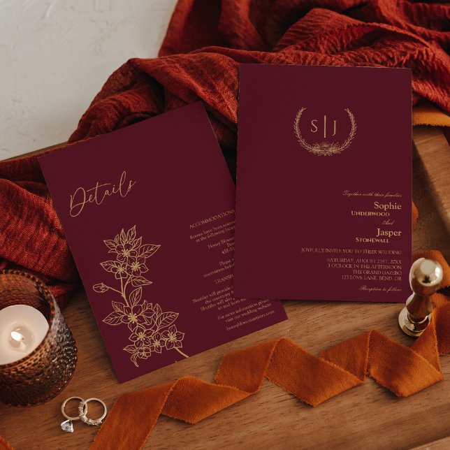 Convite Monograma Floral Dourado Burgundy Tudo Em Um Casam (Criador carregado)