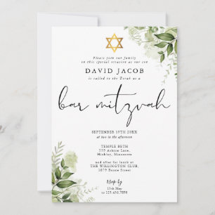 Convite Monograma Floral Elegante de Verdor Bar Mitzvah