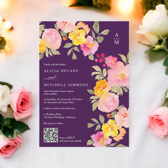 Convite Monograma floral Foto do código Qr Casamento roxo (Floral monogram Qr code photo purple wedding Invitation)