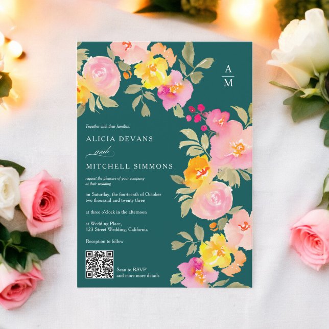 Convite Monograma floral Foto do código Qr Profundo casame (Floral monogram Qr code photo deep teal wedding Invitation)