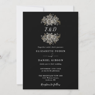 Convite Monograma Floral Gótico Preto e Branco Casamento