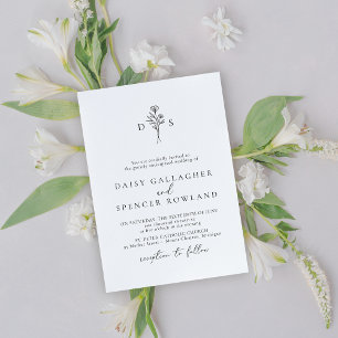 Convite Monograma Floral Preto e Branco Minimalista de Cas