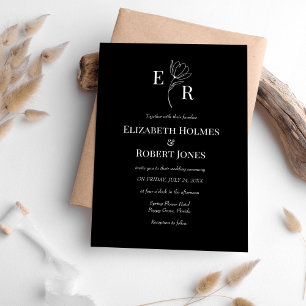 Convite Monograma Floral Preto Moderno de Casamento