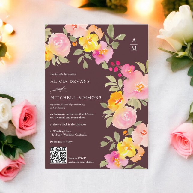 Convite Monograma floral Qr code fotografia marrom (Floral monogram Qr code photo brown wedding Invitation)