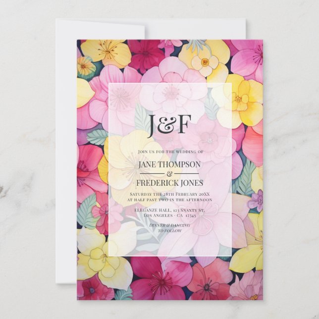 Convite Monograma Floral Rosa e Limão para Casamento (Frente)