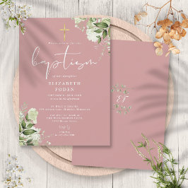 Convite Monograma Floral Rosa Poento Verdejante Batismo