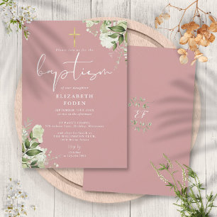 Convite Monograma Floral Rosa Poento Verdejante Batismo