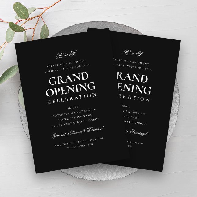 Convite Monograma Formal de Abertura da Empresa - Preto (Formal Corporate Grand Opening Monogram Black Invitation)