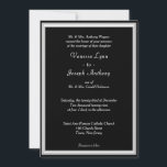 Convite Monograma Formal Preto Branco<br><div class="desc">Tema de casamento formal com fundo preto delineado em padrão geométrico prateado e branco.  Os nomes da Noiva e do Noivo estão em letra cursiva branca.   Personalize o verso com Monograma em elegante letra cursiva prateada acima da palavra Amor escrita em texto de casamento branco.  Desenho por TamiraZDesigns.</div>