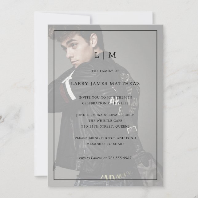 Convite Monograma Foto Moderna Celebração da Vida (Frente)