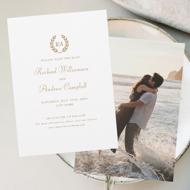 Convite Monograma Foto para salvar a data Casamento Dourad (Criador carregado)