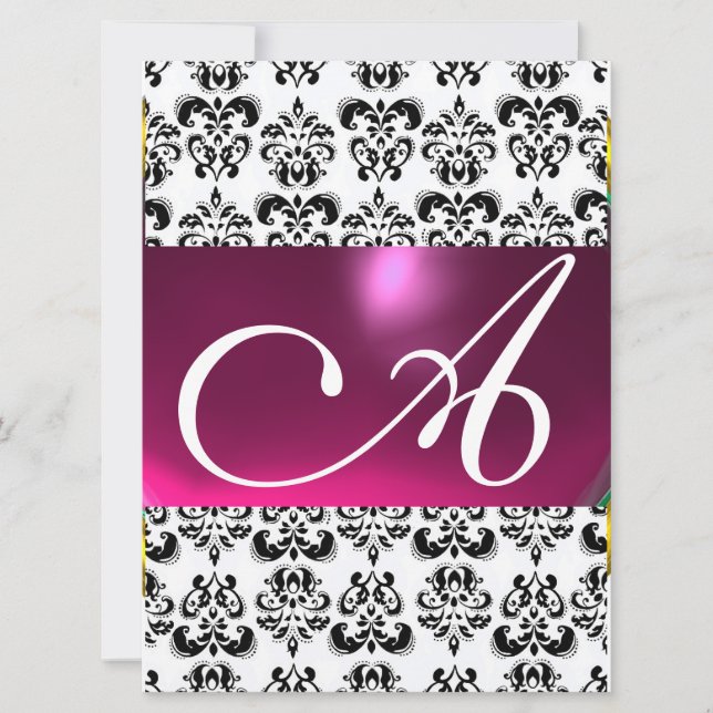 Convite MONOGRAMA GEM DAMASK rosa branco (Frente)