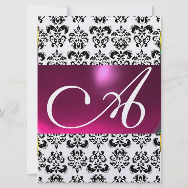 Convite MONOGRAMA GEM DAMASK roxo rosa gelo branco (Frente)