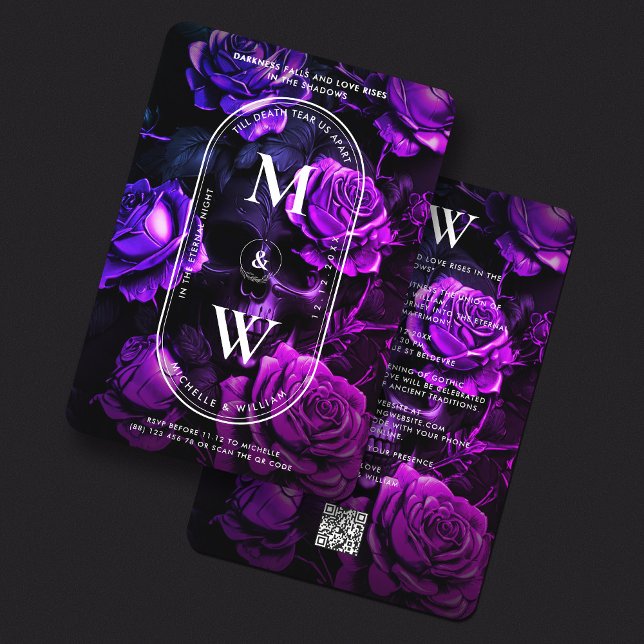 Convite Monograma Gótico Rosas de Casamento Caveira Escuro (Gothic Monogram Wedding Skull Dark Purple Roses Invitation
)