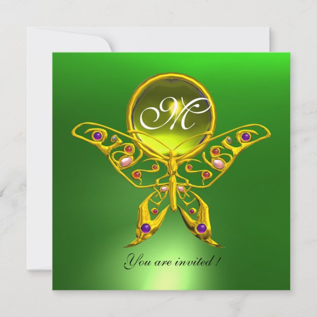 Convite MONOGRAMA HIPER BORBOLETA, verde ,topázio amarelo (Frente)