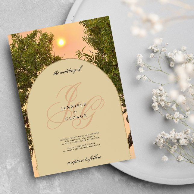 Convite Monograma inicial de marfim de marfim de laranja v (Green orange ivory sunset monogram initials wedding )