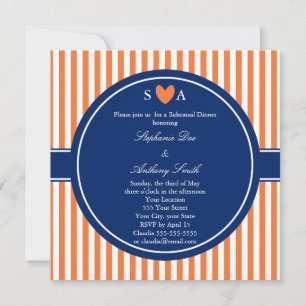 Convite Monograma Laranja e White Stripes com Azul Real