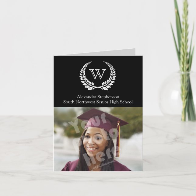 Convite Monograma Laurel Black/White (Frente)