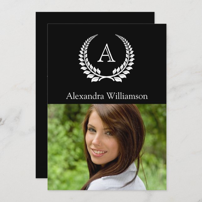 Convite Monograma Laurel Black/White (Frente/Verso)