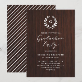 Convite Monograma Laurel Wreath Rustic Wood Graduação