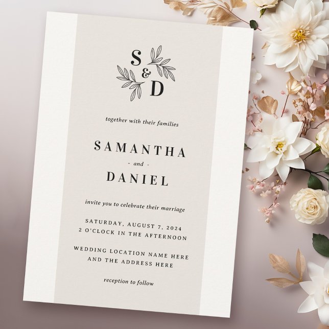 Convite Monograma leve do legado ao casamento de marfim ne (Elegant monogram light tan neutral ivory wedding invitation)