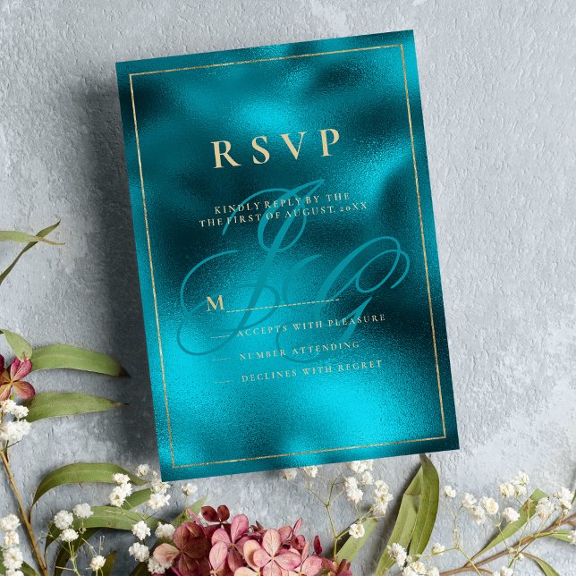 Convite Monograma metálico turquesa RSVP (Turquoise metallic monogram initials RSVP)
