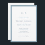 Convite Monograma Moderno Clássico Frente Azul Fronteira<br><div class="desc">Este convite de casamento clássico e moderno apresenta monograma enquadrado por uma tábula fronteira azul. Você pode encontrar produtos correspondentes na minha loja.</div>