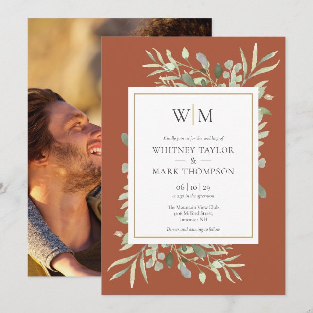 Convite Monograma Moderno Foto de Casamento com Folhagens  (Frente/Verso)
