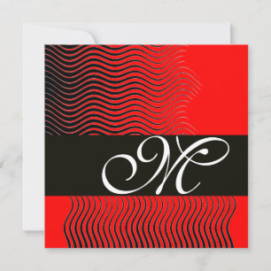 Convite MONOGRAMA na moda WAVES, preto e branco, vermelho