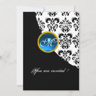 Convite MONOGRAMA NEGRO E BRANCO DE DAMASK,safira azul