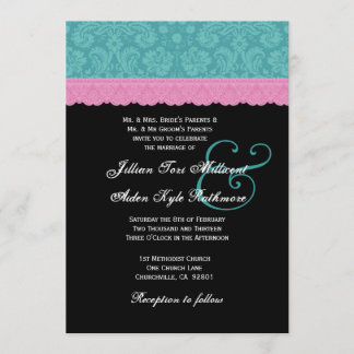 Convite Monograma P524 de Casamento de Azar e Azul-Rosa
