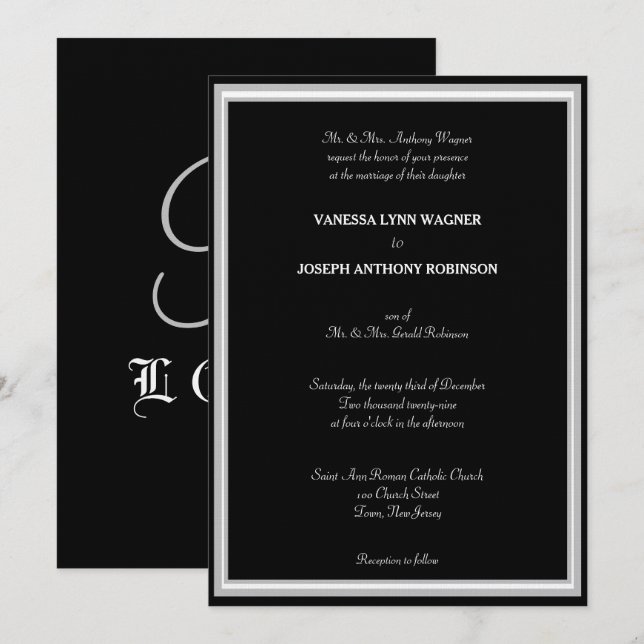 Convite Monograma Preto Branco Formal (Frente/Verso)