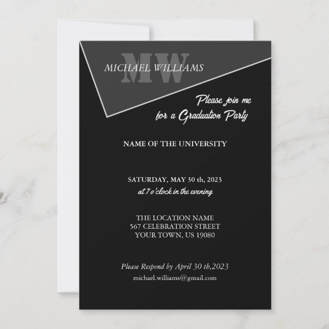 Convite Monograma Preto Cinza Artístico Moderno (Frente)