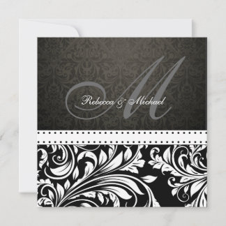 Convite Monograma preto e branco elegante para Damasco