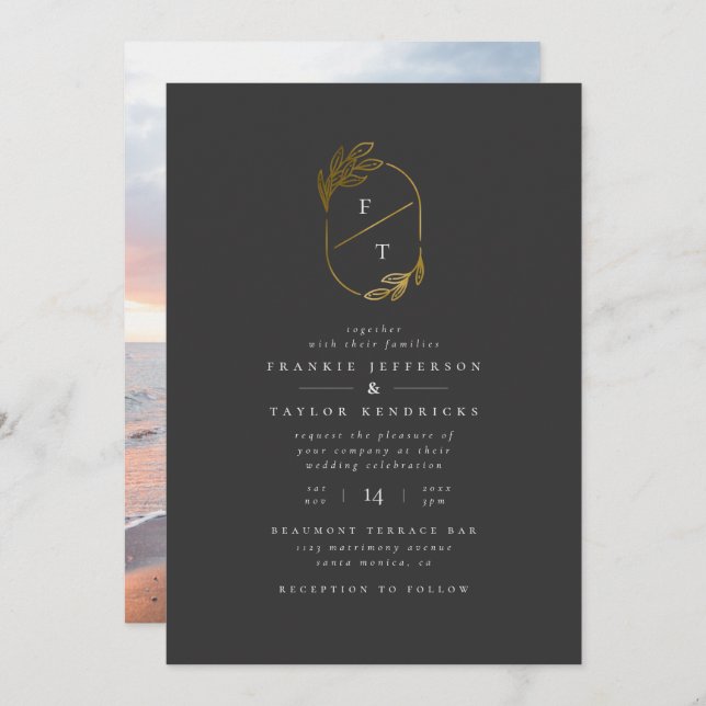 Convite Monograma Preto e Dourado | Foto de Casamento Mini (Frente/Verso)