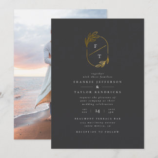 Convite Monograma Preto e Dourado | Foto de Casamento Mini