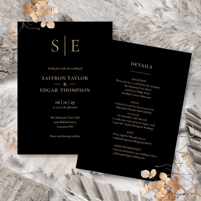 Convite Monograma Preto E Dourado Tudo Em Um Casamento (Black And Gold Monogram All In One Wedding Invitation)