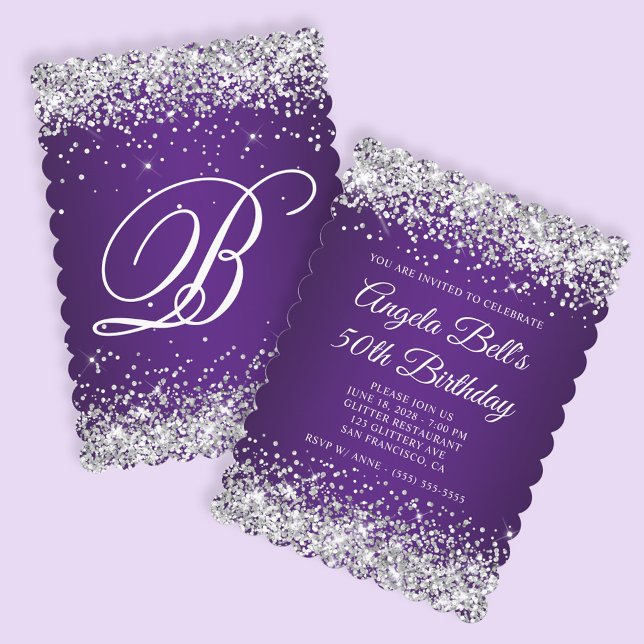 Convite Monograma Real Roxo da Prata 50. º Aniversário (Create your own royal purple with faux silver glitter birthday invite.)