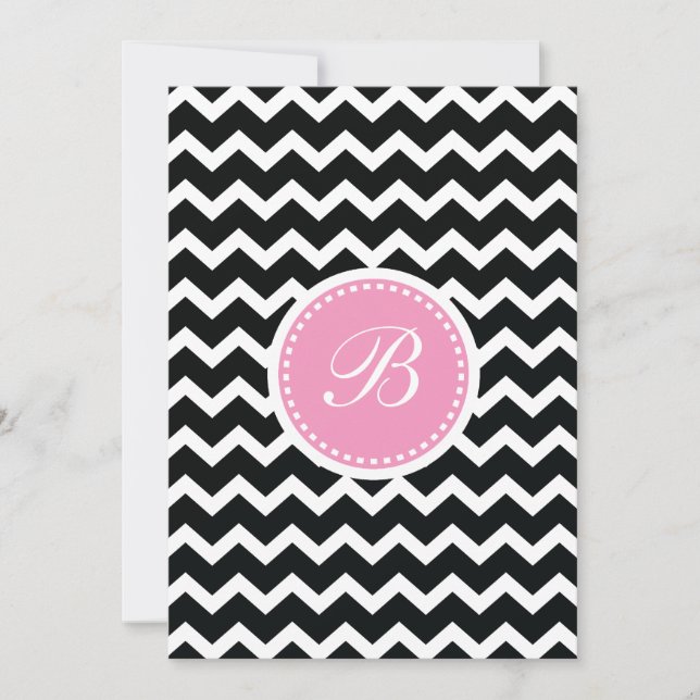 Convite Monograma Retro-Chevron Elegante Rosa e Preto (Frente)