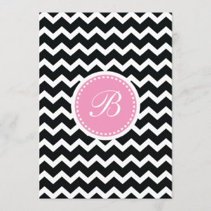 Convite Monograma Retro-Chevron Elegante Rosa e Preto