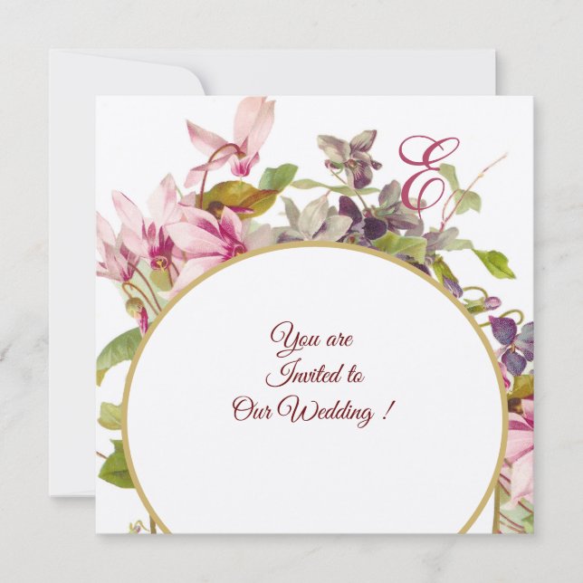 Convite MONOGRAMA ROMÂNTICA, CICLAMENES ROSA, Floral (Frente)