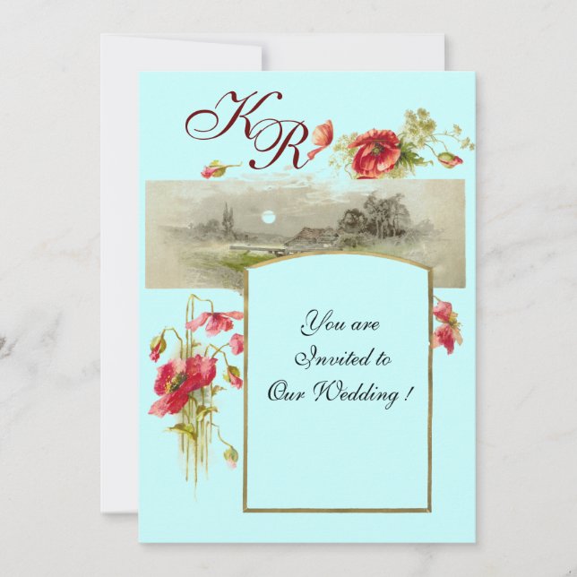 Convite MONOGRAMA ROMÂNTICA / PAPOULAS,vermelho,verde,azul (Frente)