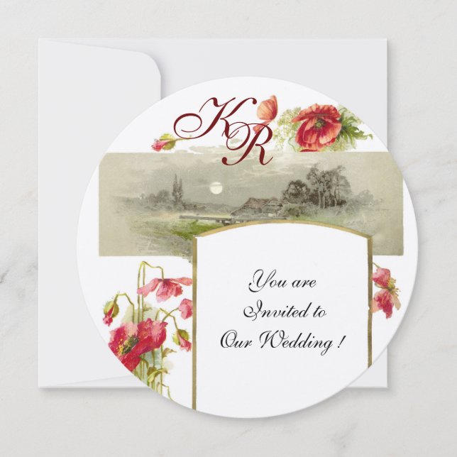 Convite MONOGRAMA ROMÂNTICA / PAPOULAS,vermelho,verde,cham (Frente)