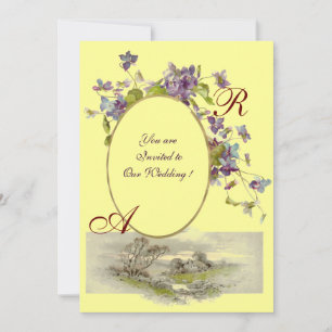 Convite MONOGRAMA ROMÂNTICA / VIOLETAS, verde roxo, amarel