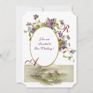 Convite MONOGRAMA ROMÂNTICA / VIOLETAS, verde roxo, branco