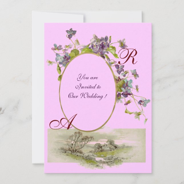 Convite MONOGRAMA ROMÂNTICA / VIOLETAS, verde roxo, rosa (Frente)