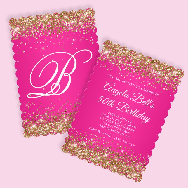 Convite Monograma Rosa Quente Dourado, 50º Aniversário (Create your own faux golden glitter and hot pink birthday invite.)