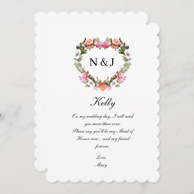 Convite Monograma Rosas Românticas Madrinha de casamento C (Frente/Verso)