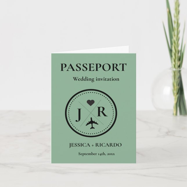 Convite Monograma Sage Passaporte Verde Destino Casamento (Frente)